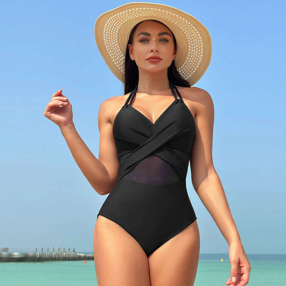 European and American one-piece women's solid color mesh swimsuit bikini wholesale 2025 new style chic elegant clothing