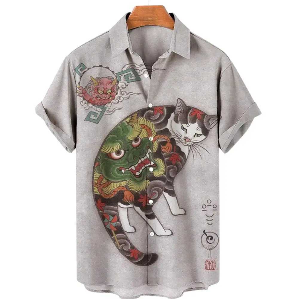 Japanese Art Samurai Cat Pattern Printed Short Sleeve Mens Casual Comfortable Collar Button X250410