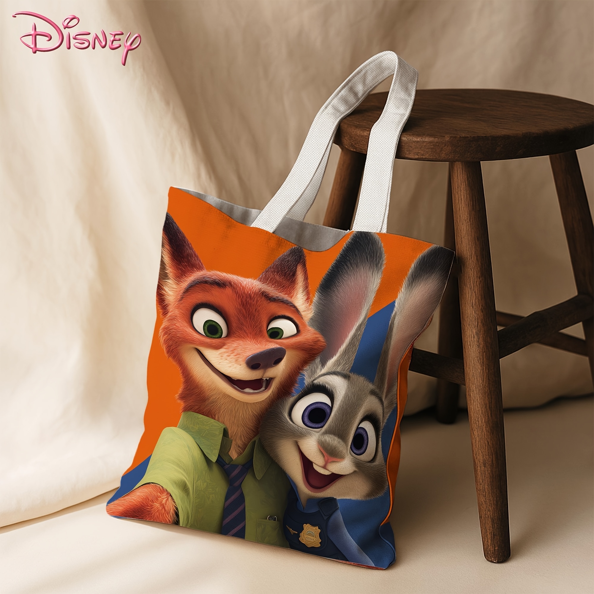 Disney 1 Piece Zootopia Handbag Judy Hopps & Nick Wilde Print, Red Blue, Foldable Durable, Daily Use, Travel, Work, College - Suitable for Women and M
