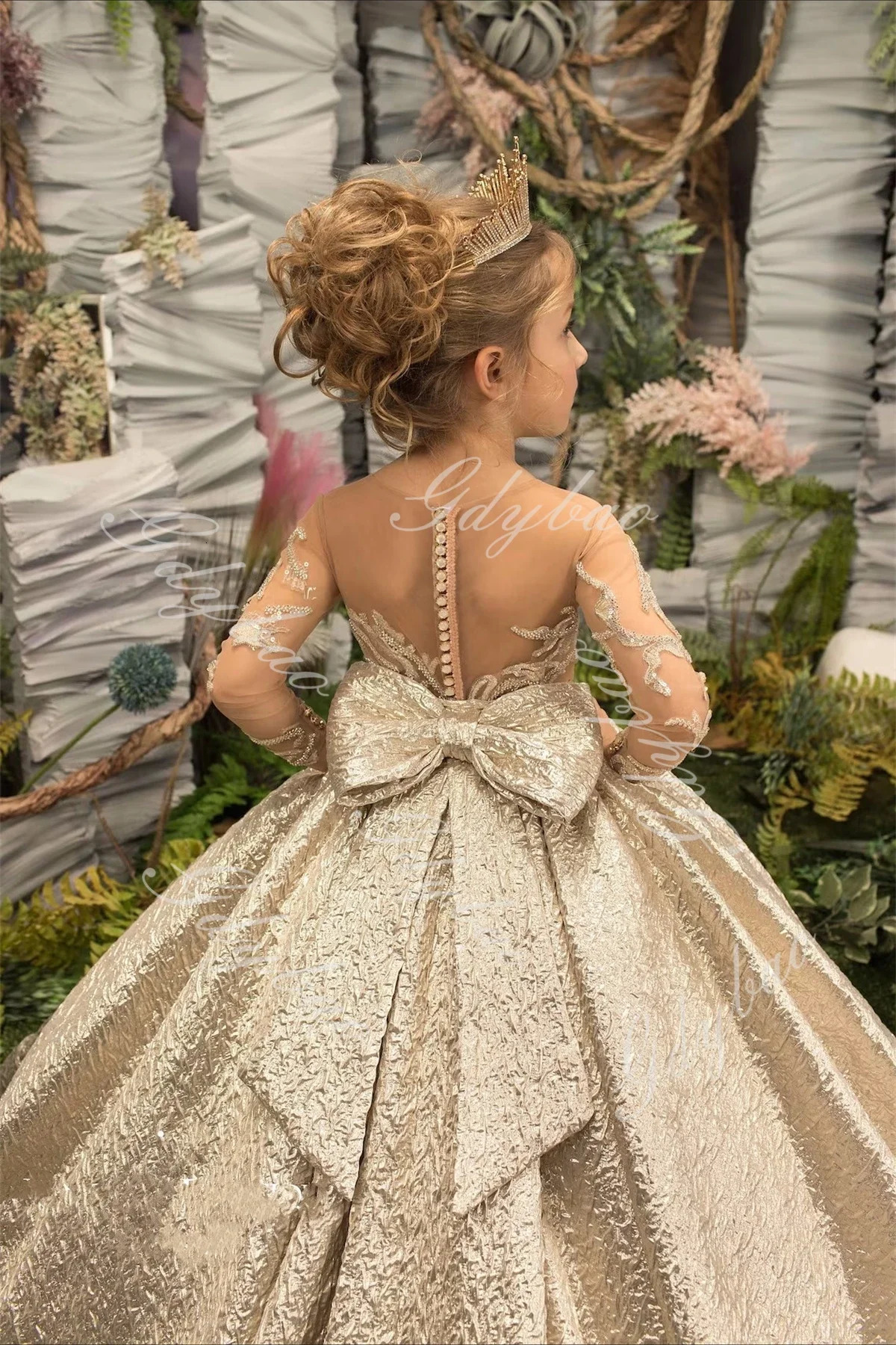 Golden satin flower girl dress suitable for children transparent neckline sequin sticker bow wedding party dance dress full set of birthday dresses 25