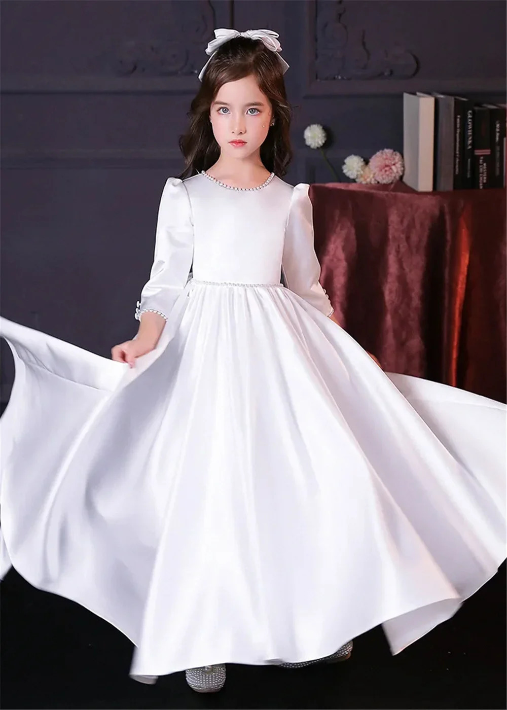 Cute white satin flower girl wedding dress princess bow childrens birthday party evening custom dress 250403