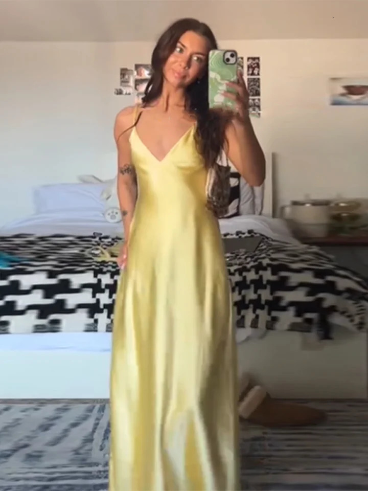 Chic Women Summer Yellow Stain V Neck Sling Dress Elegant Sleeveless Loose Maxi Robes 2025 Ladies Party Holiday Dresses 250409