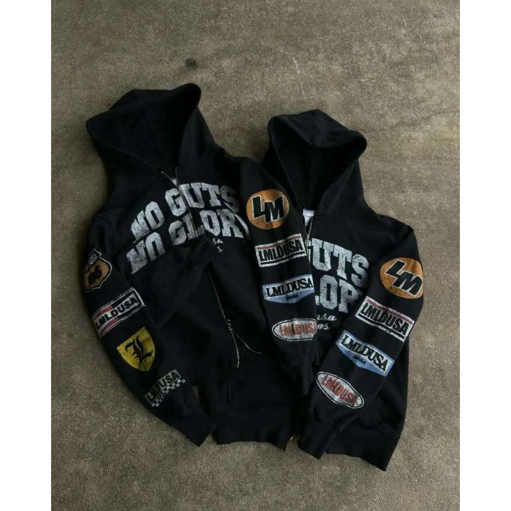New Motorcycle Style Haruku Letter Printed Hoodie Retro Gothic High Street Men And Women Casual Loose Sweatshirt