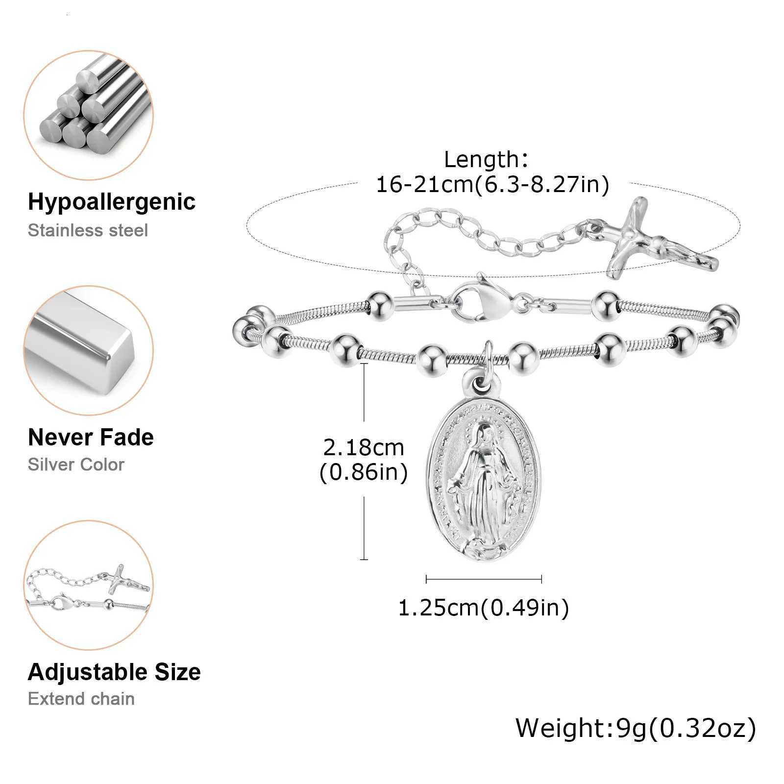 Vnox Double Sides Women Rosary BraceletsGold Plated Stainless Steel Religious Prayer Charm BraceletCross Virgin Mary BraceletsT251110