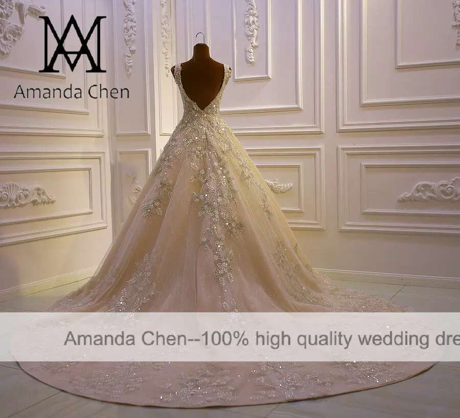 Customized AM768 Cap Sleeve Lace Applique Low Back Champagne Simple Wedding Dress