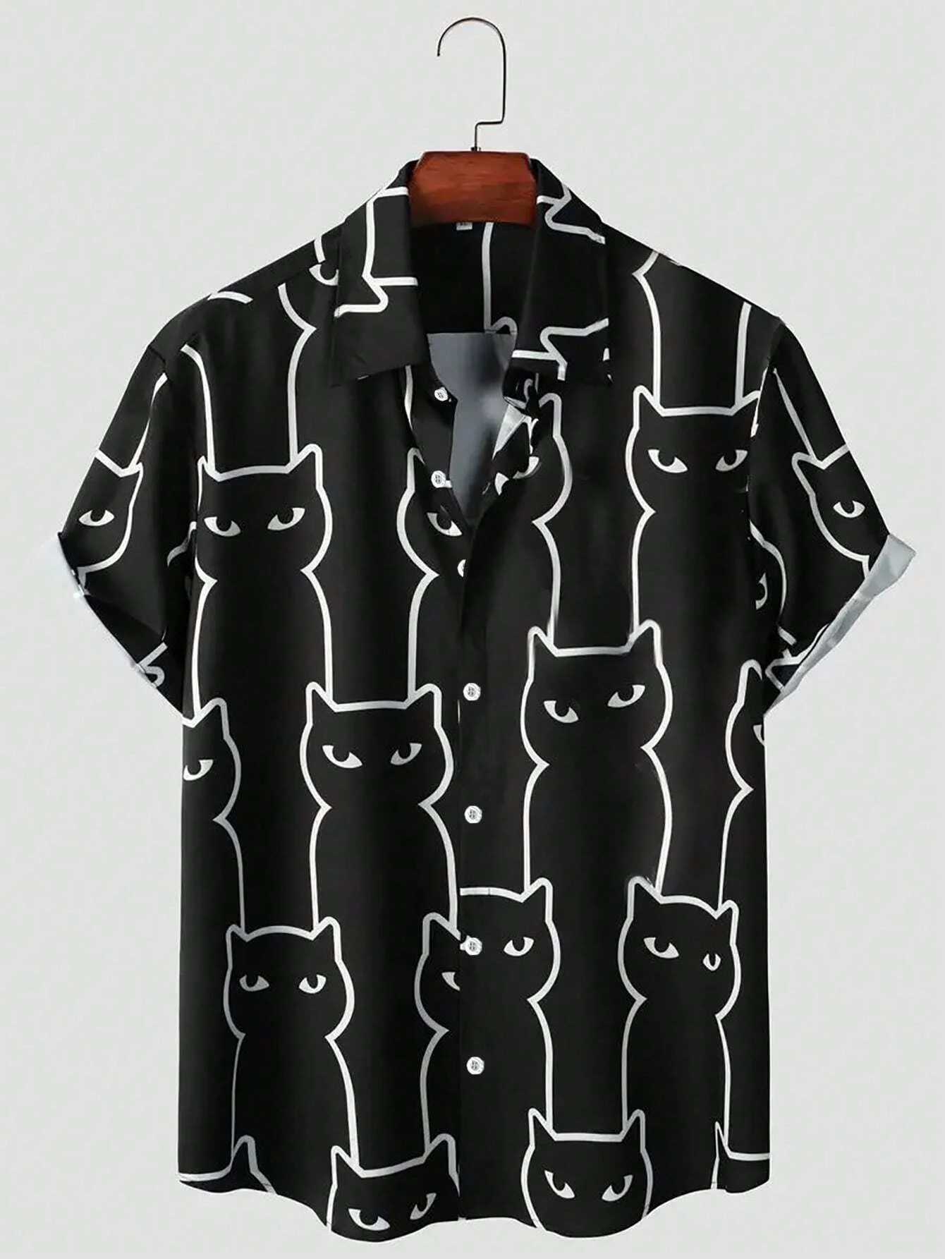 Unisex fashion mens cute cat print casual daily wear 3D printed short sleeved shirt fashion Hawaiian Harajuku mens shirt X250410