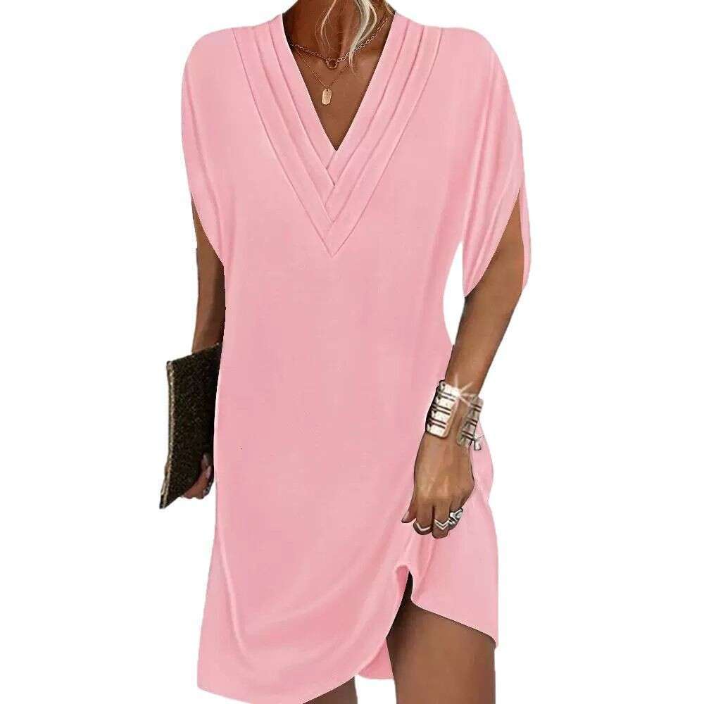 Cross-Border In-Stock 2024 European and American Amazon New Women's Spring Summer V-Neck Pleated Batwing Sleeve Dress