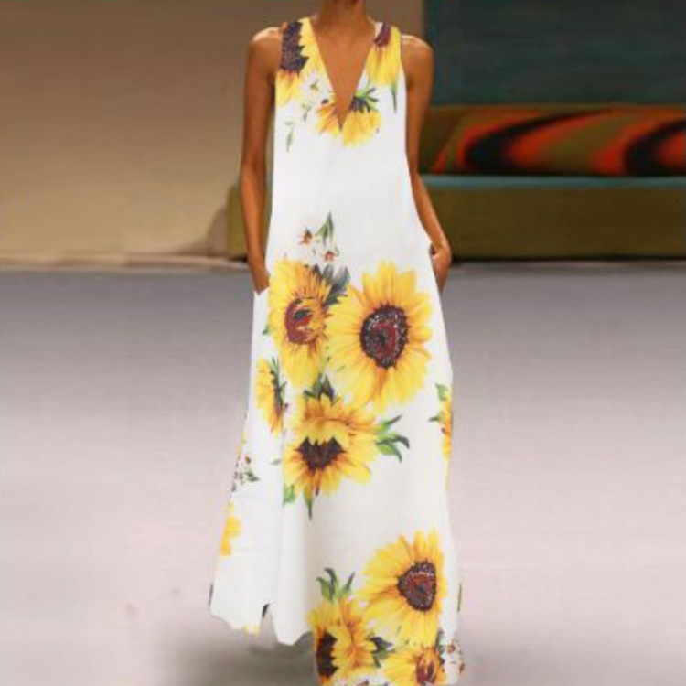 New women's Bohemian printed sunflower V-neck sleeveless pocket insert summer long dress