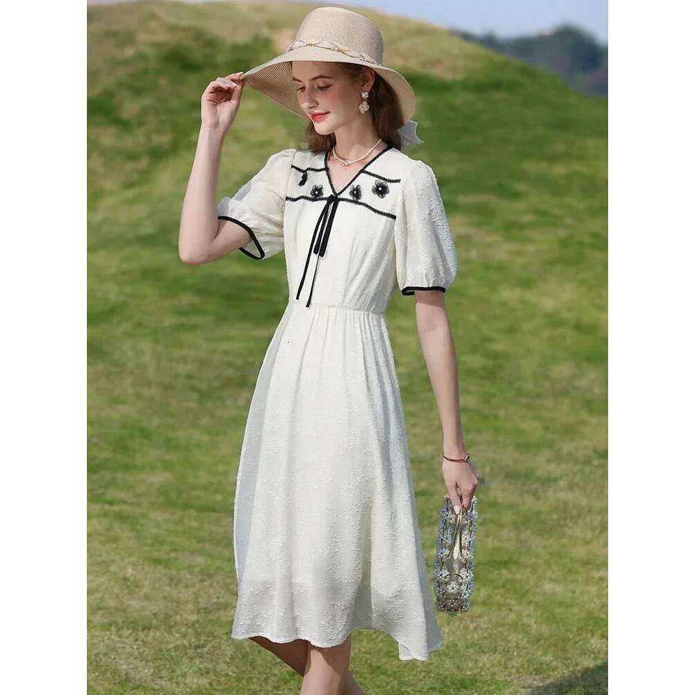 I BELIEVE YOU Summer New Elegant Chiffon Women's Dress 2023 V Neck Puff Sleeves Patchwork A-Line High Waist Vestidos 2232095065