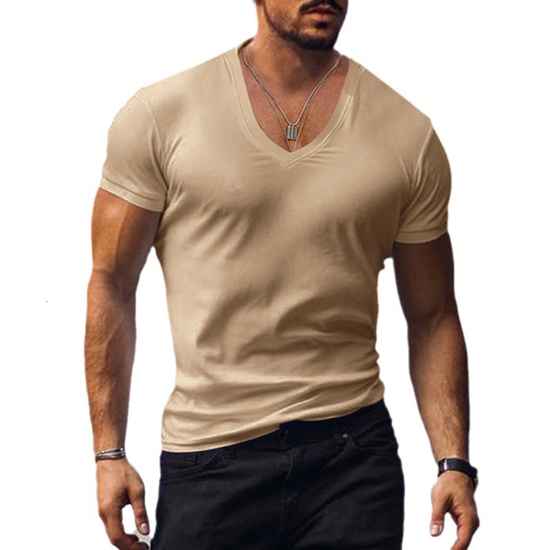 Mens summer mens V-neck solid color slim fit casual short sleeved top