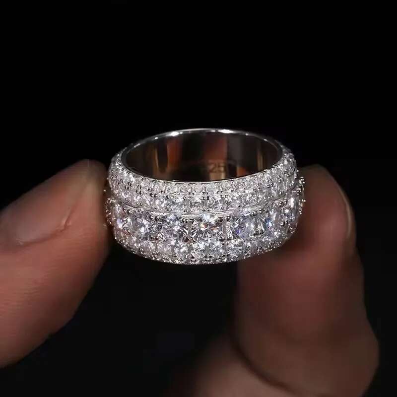 Hip Hop Iced Out Sier Pass Dia Tester 5 Rows VVS Moissanite GRA Rapper Dazzg Sparkly Eternity Band Ring For Men