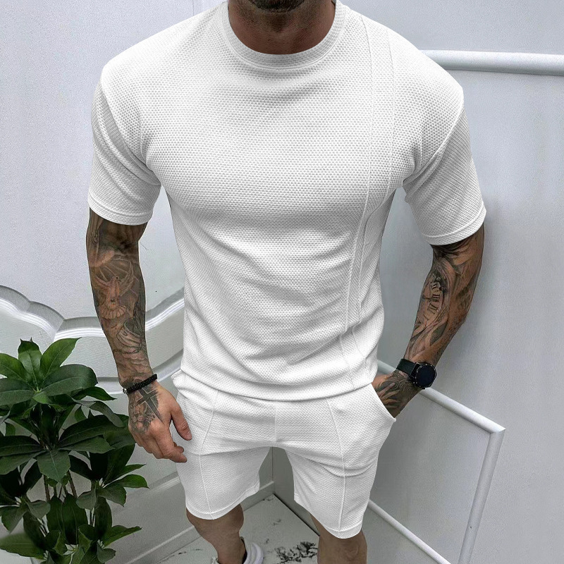 Tem summer mens casual slim fit sports top and shorts set