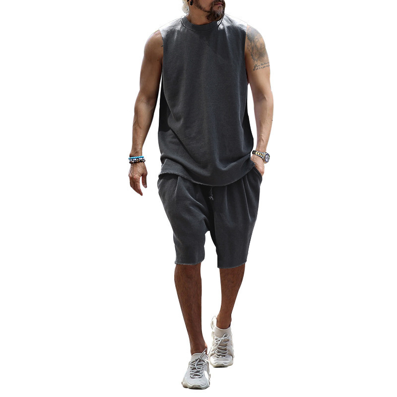 New plus size mens sleeveless sports suit casual shorts loose summer vest two-piece set