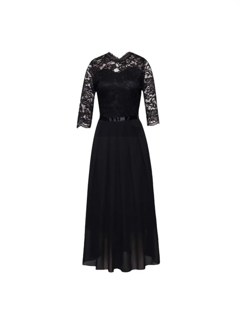 D47Sophisticated Round-Necked Evening Dress Featuring Intricate European Lace Work