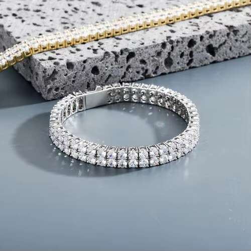 Qianjian 925 Sterling Silver Moissanite Tennis Link Chains Hip Hop Style Custom Two Rows Moissanite Tennis Bracelet