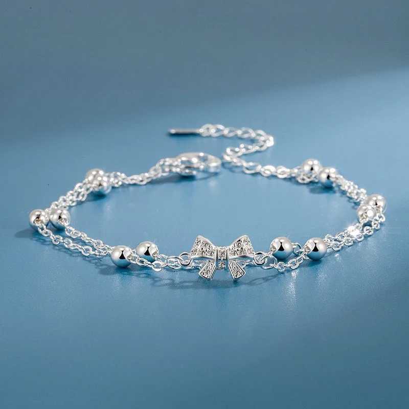 Luxury 925 Sterling Silver Zircon Bow Bracelets For Women Girls Fashion Korean Double Layer Bead Bracelet Party Wedding JewelryT251110