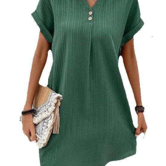2023 New European and American Women's Fashion Amazon V-Neck Solid Color Pullover Comfortable Casual Button Dress