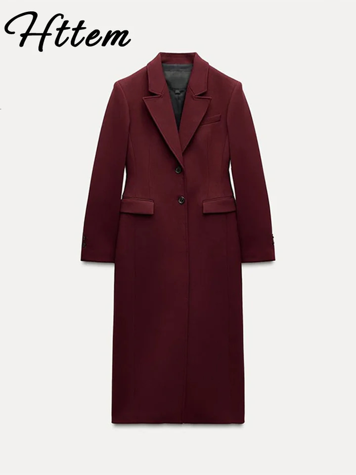 Burgundy Red Long Coat Womens Collar Single Button Full Sleeve Jacket 2025 SpringSummer Office 250407