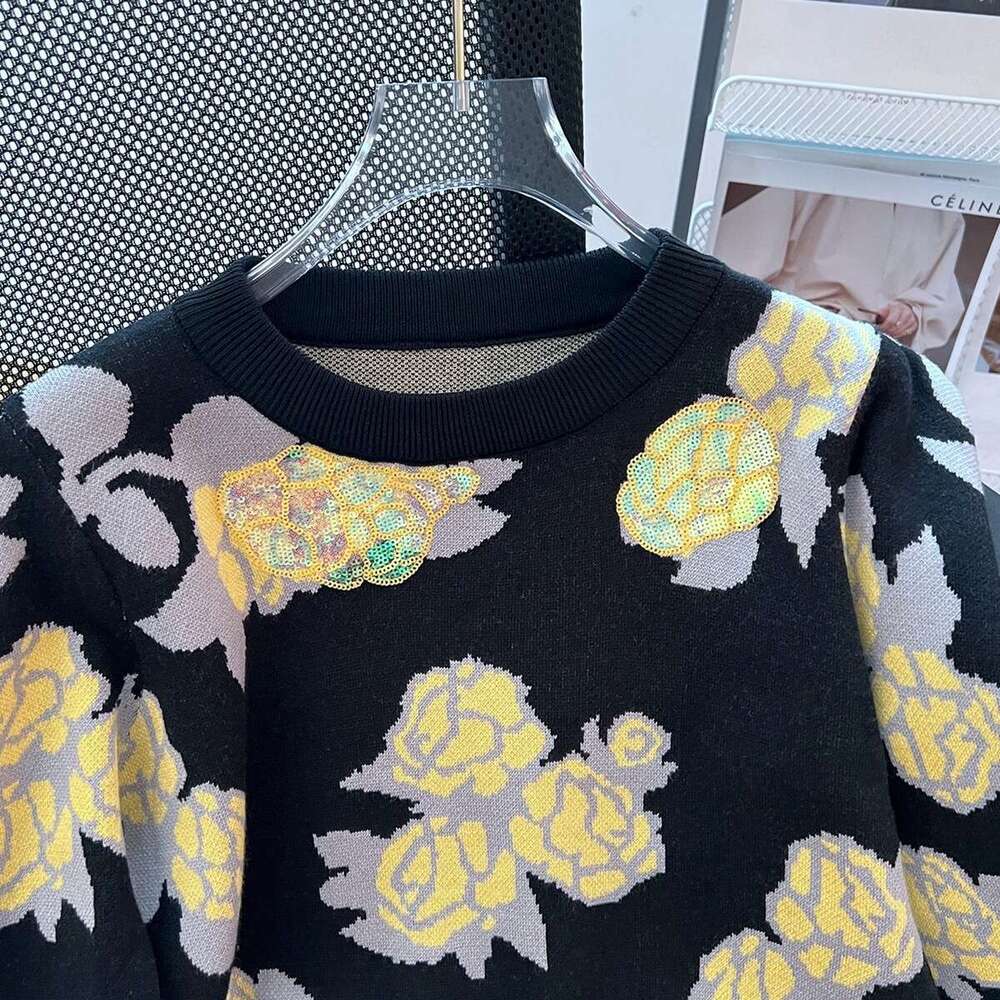 Elegant Female Sequined Spliced Vintage Floral Short Sweaters Autumn Winter Fashion Long Sleeve Knitted Tops Women's Clothing