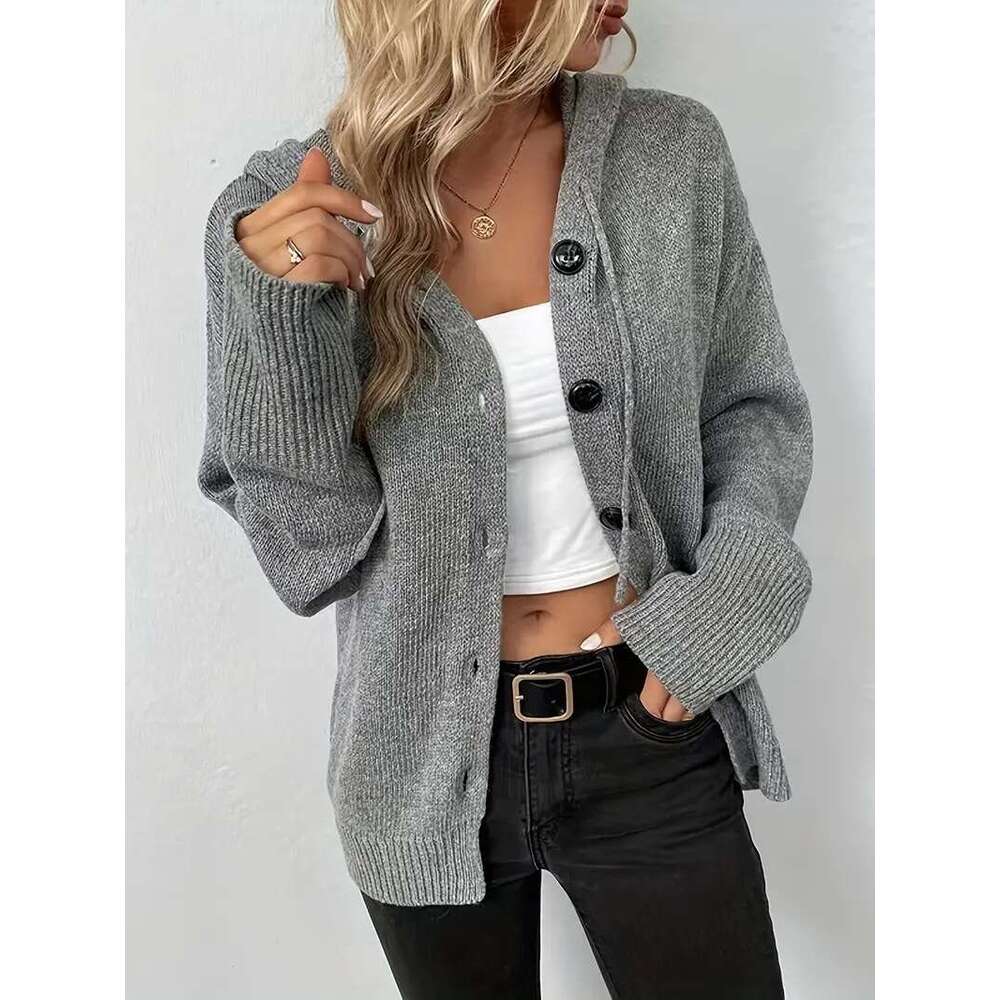 Solid Color Hooded Single-Breasted Cross-Border Sweater 2025 Autumn Winter New Drawstring Knitted Cardigan Coat for Women