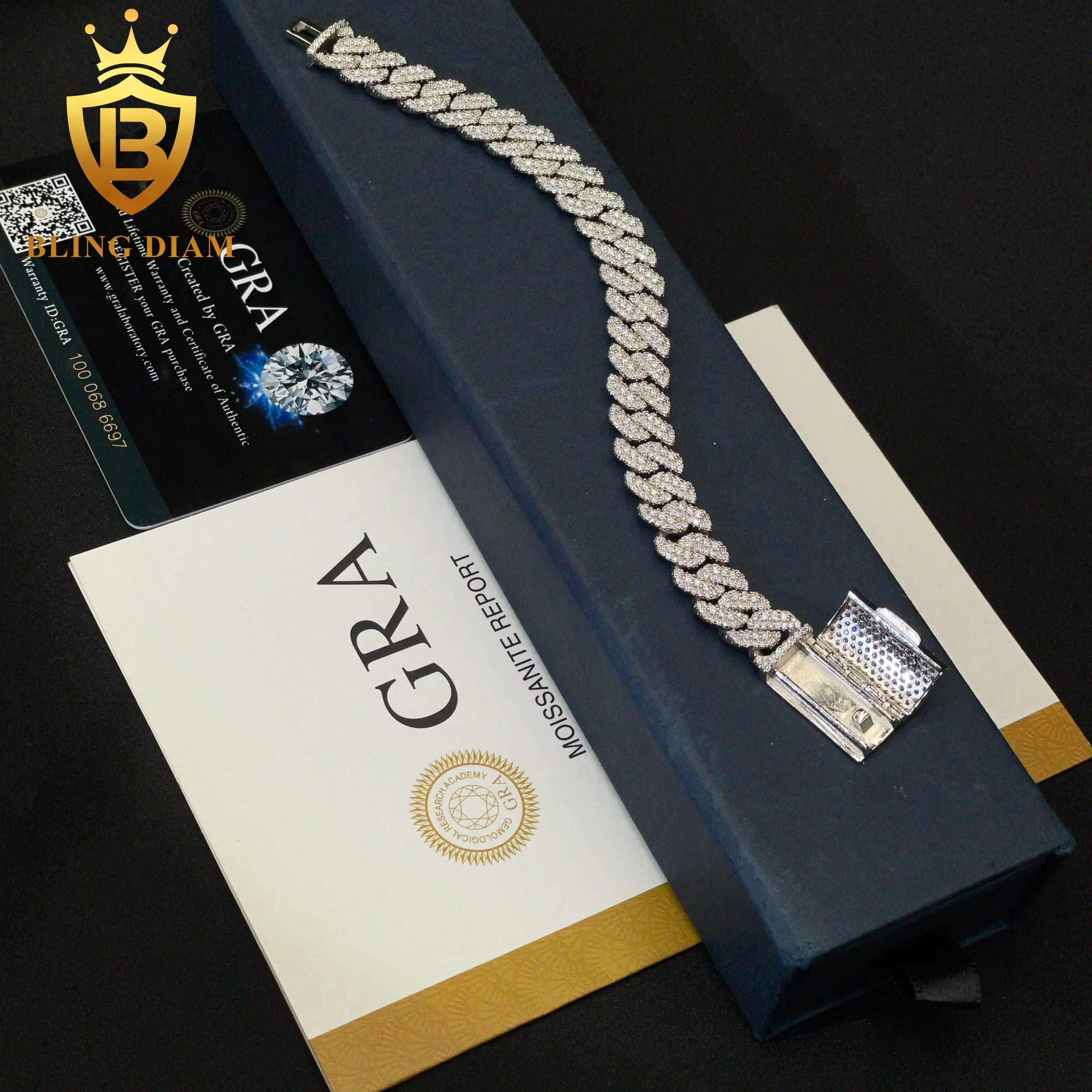Customized 10MM Hip Hop Jewelry 925 Sterling Silver Moissanite VVS Diamond Cuban Chain Bracelet