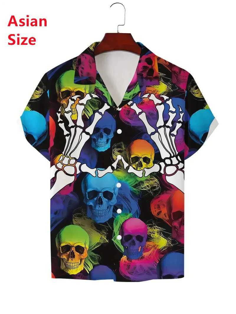 Terror Skull Printed Mens Shirt Summer Hip Hop Style Short Sleeve Collar Mens Street Clothing Hawaii Beach Holiday Shirt X250410