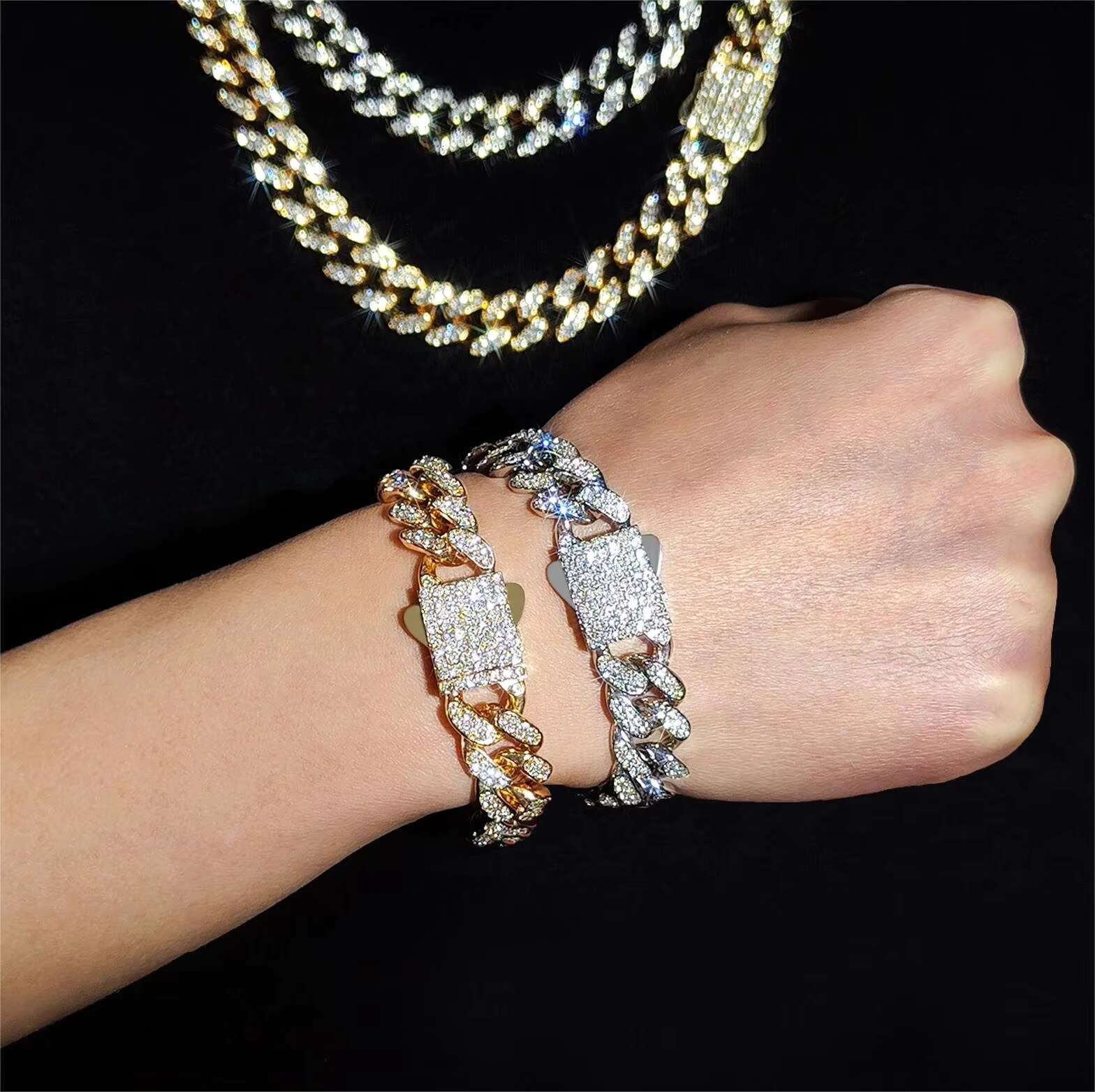 Unisex Stainless Steel Jewelry Collana Ice Chain Sieraden Miami Stone PVD Punk Cuban Necklace Set