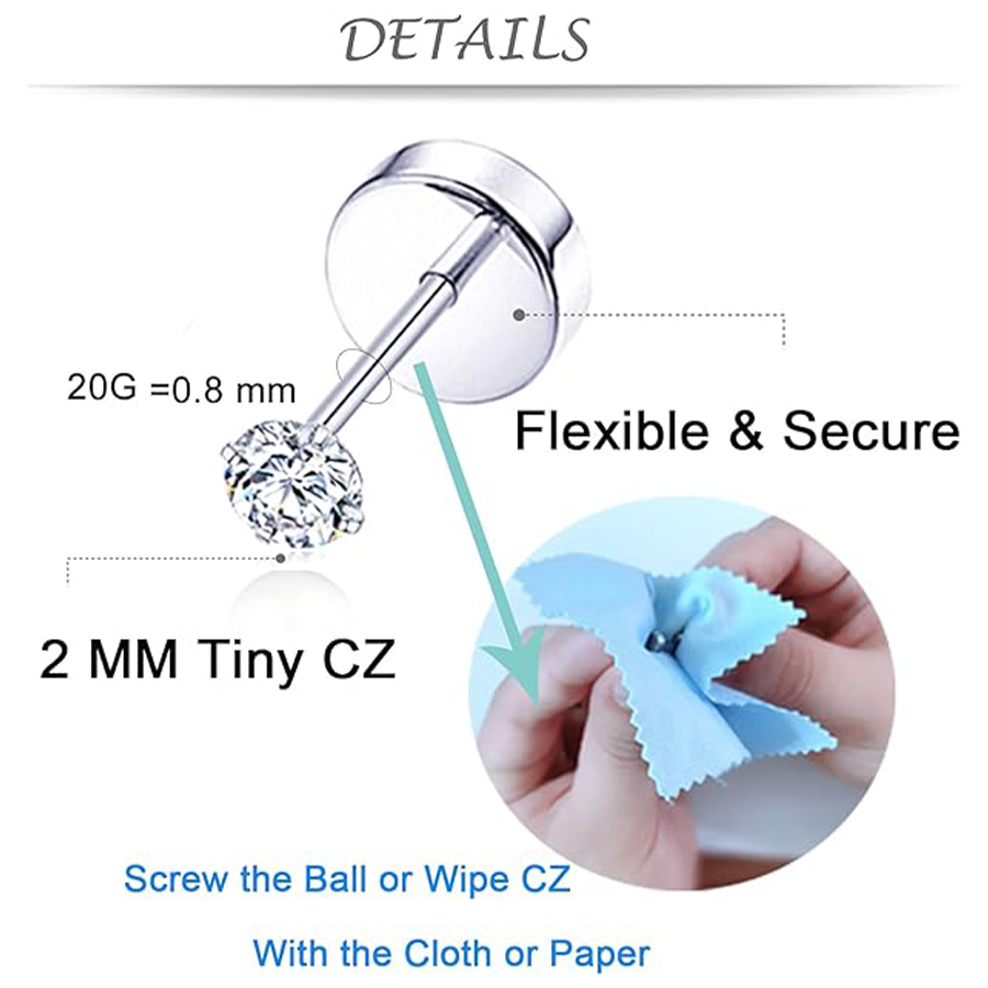 10 Pairs Tiny Cartilage Stud Earrings Stainless Steel Small Round CZ Stud Earrings Tragus Piercing Earring Set for Men Women Screw Flat Back 20G