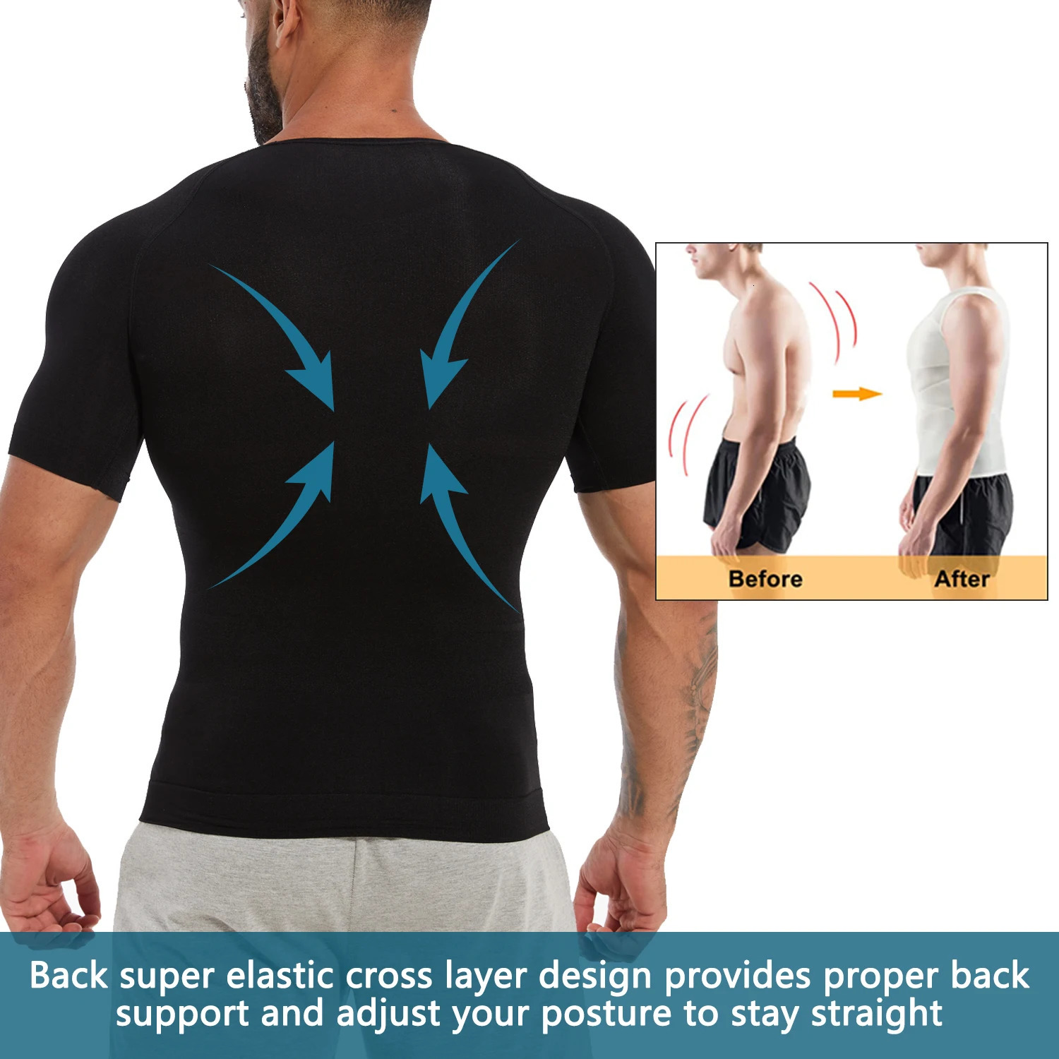 Mens Short Sleeve Compression T-Shirt V-neck Shapewear Tummy Control Flat Belly Tank Top Fitness Workout Slimming Body Shaper 250409
