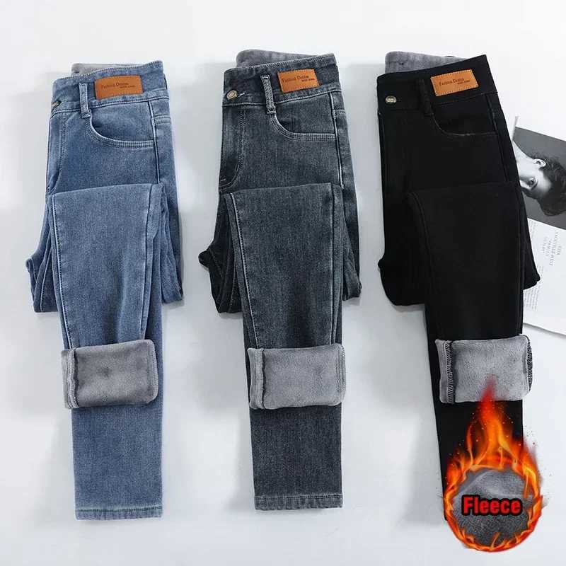 Winter Warm Womens Fleece Jeans Skinny Vintage High Waist Belly Pencil Pants Soft Velvet Fashion Korean Stretch Thicken Jeans C251110