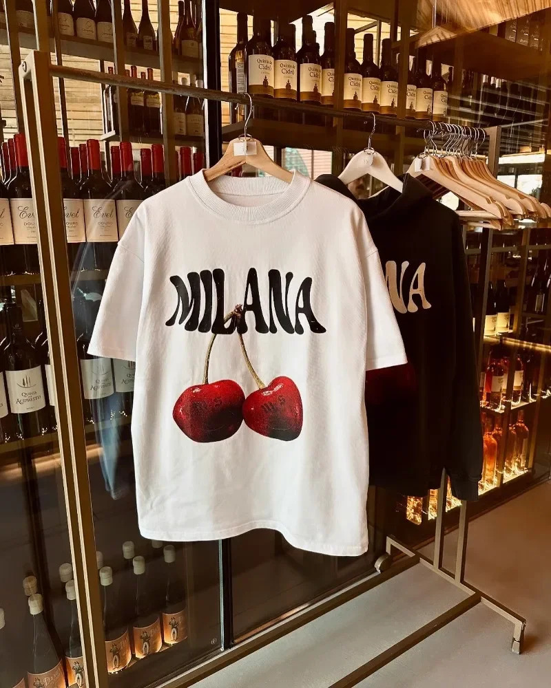 Y2k street fruit letter printed short sleeved oversized cotton T-shirt mens street style summer top Harajuku loose couple shirt 250409