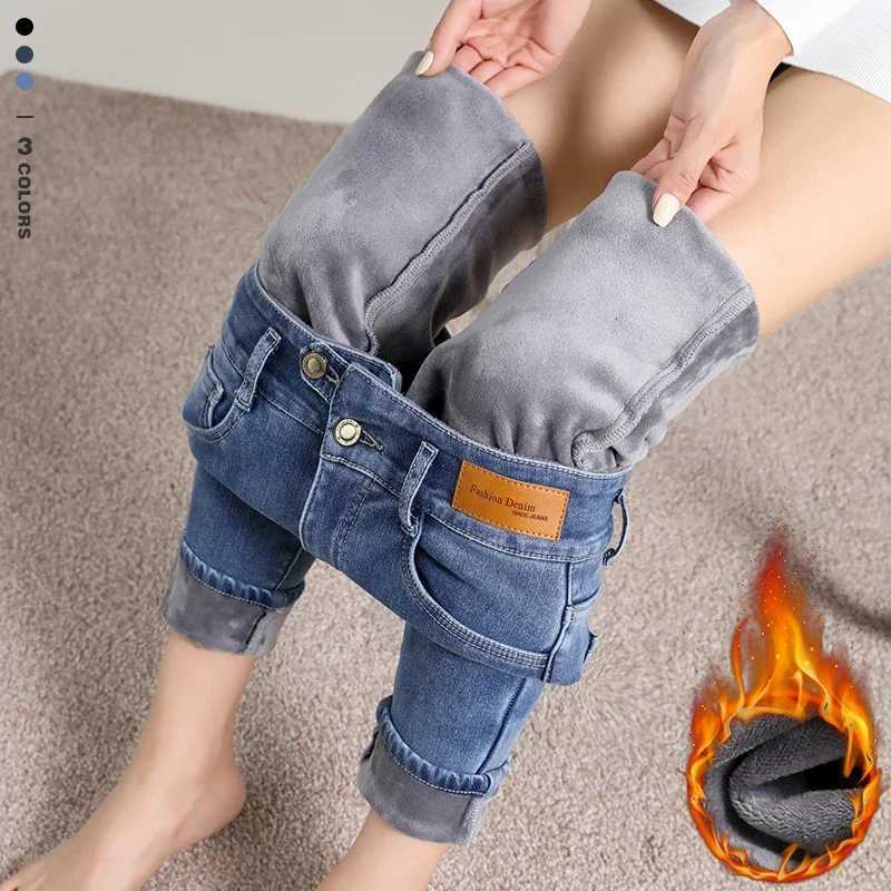Winter Warm Womens Fleece Jeans Skinny Vintage High Waist Belly Pencil Pants Soft Velvet Fashion Korean Stretch Thicken Jeans C251110