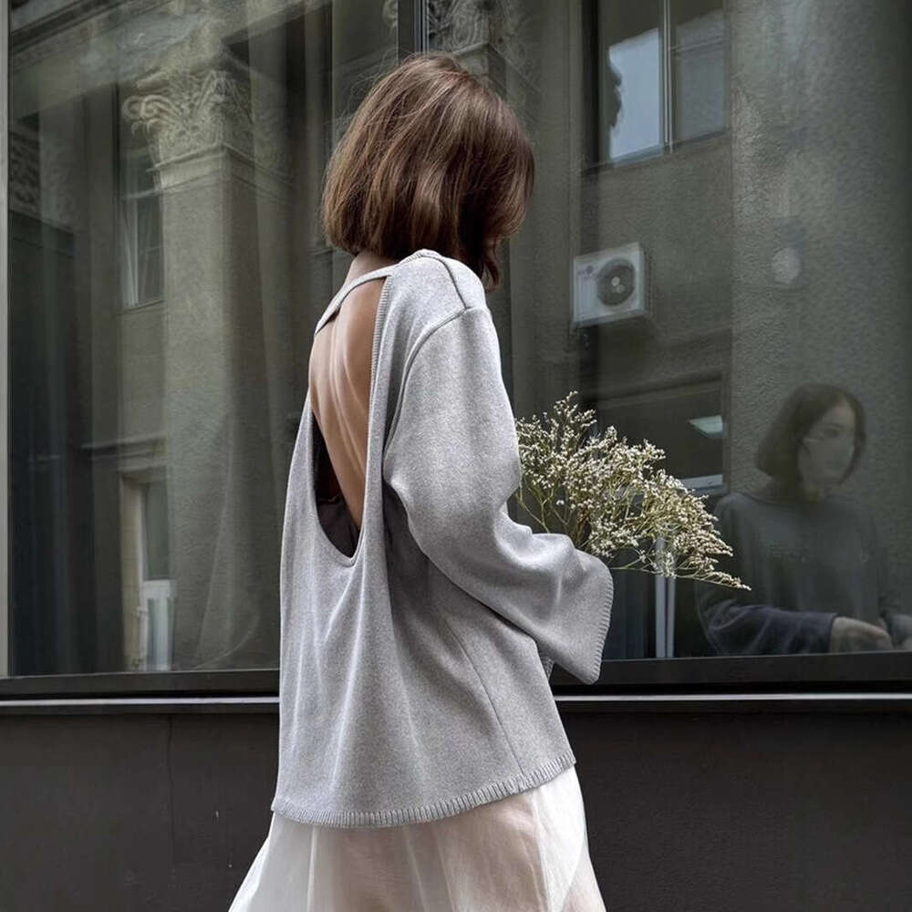 Cross-Border Cotton Pullover European American Autumn and Winter New Style Temperament Loose Lazy Sexy Open Back Knitted Sweater
