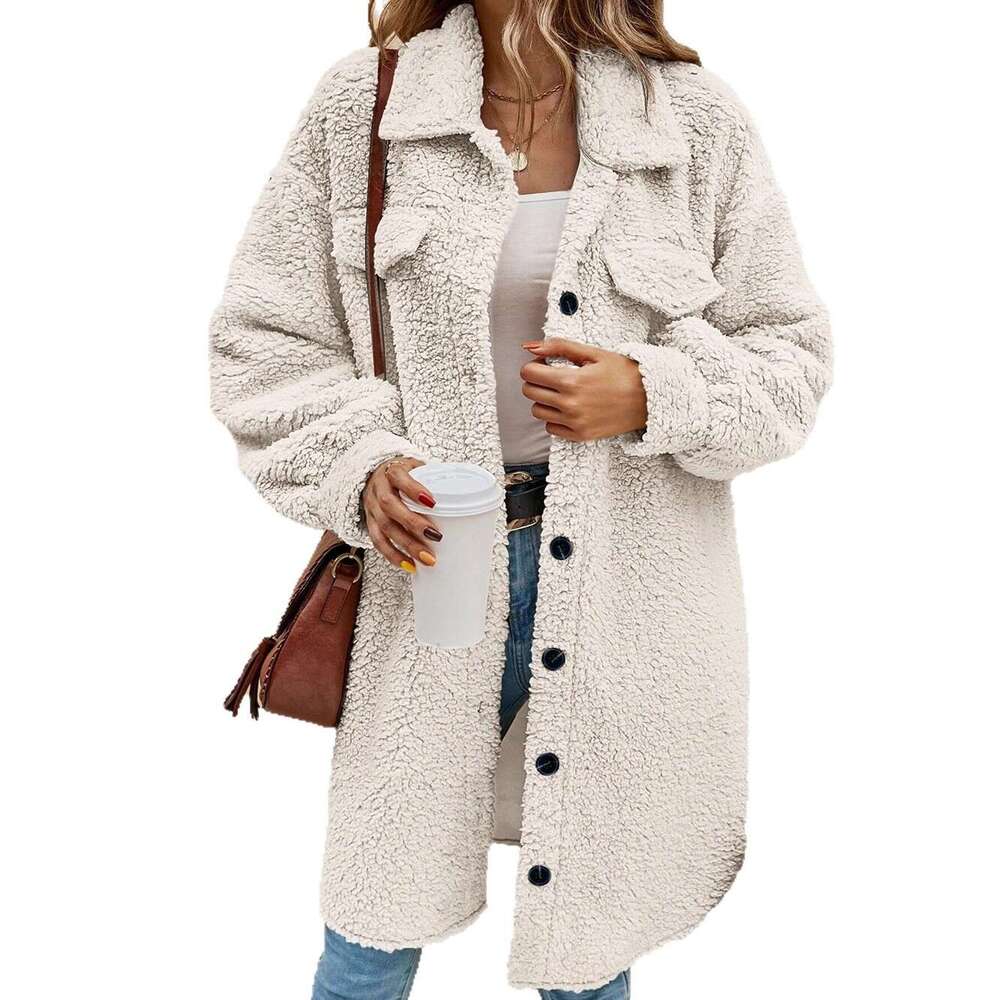 Cross-Border New European and American Winter Open Button Lapel Plush Loose Elegant Commuter Long Coat for Women
