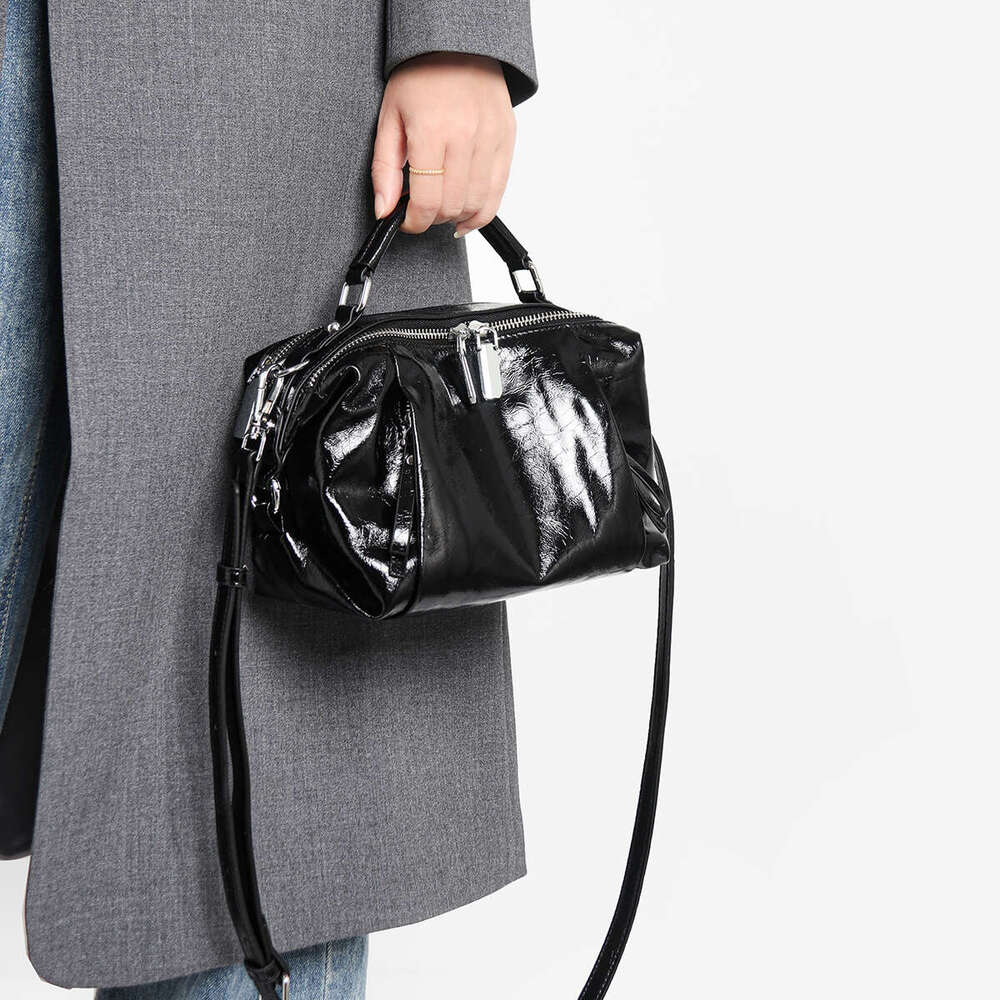 Women's Black Genuine Tote Bag Glossy Full-Grain Crossbody/Handbag With Golden-Tone Hardware, Zipper Closure & Strap - Elegant, Formal, Everyday 