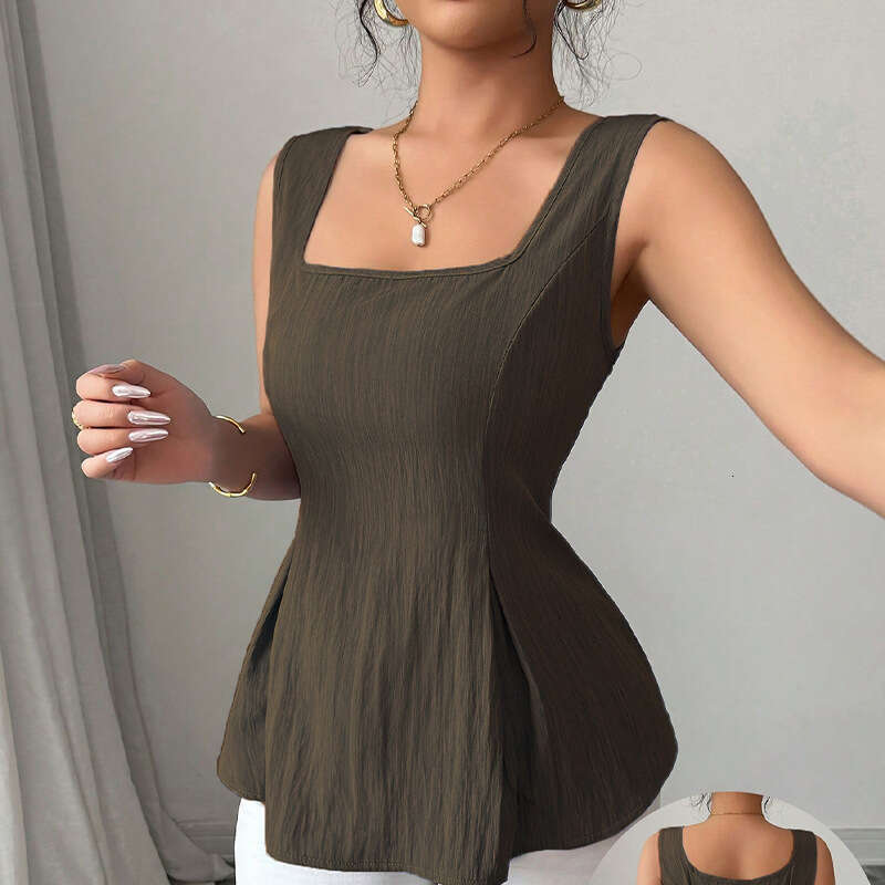 Rui Chuo Cross-Border Indepdt Station Foreign Trade European and American Solid Color Tank 2025 Summer Commuting Style Waist-Cinching Sleeveless Top f
