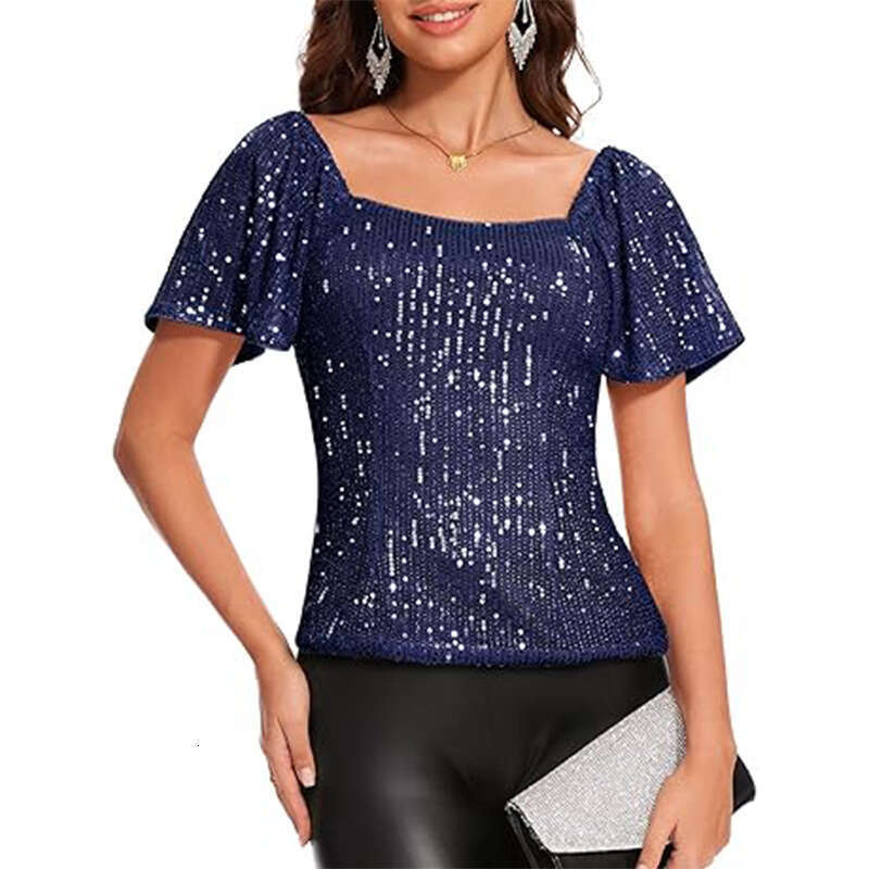 2025 Women's Square Neck Short Sequin Puff Sleeve Fashion Versatile Shirt blouse woman WOMENS PLUS SIZE SHIRTS
