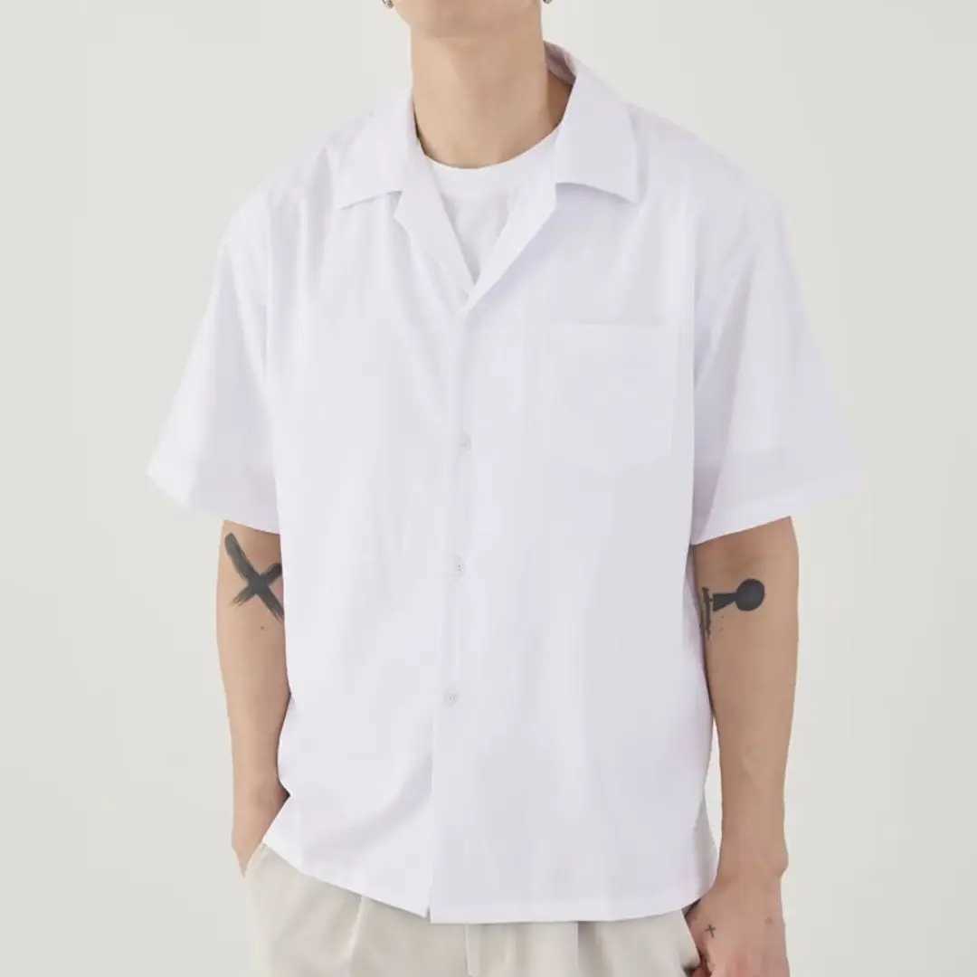 Fashionable mens summer chiffon Cuban short sleeved loose Hong Kong style Japanese casual solid color X250410
