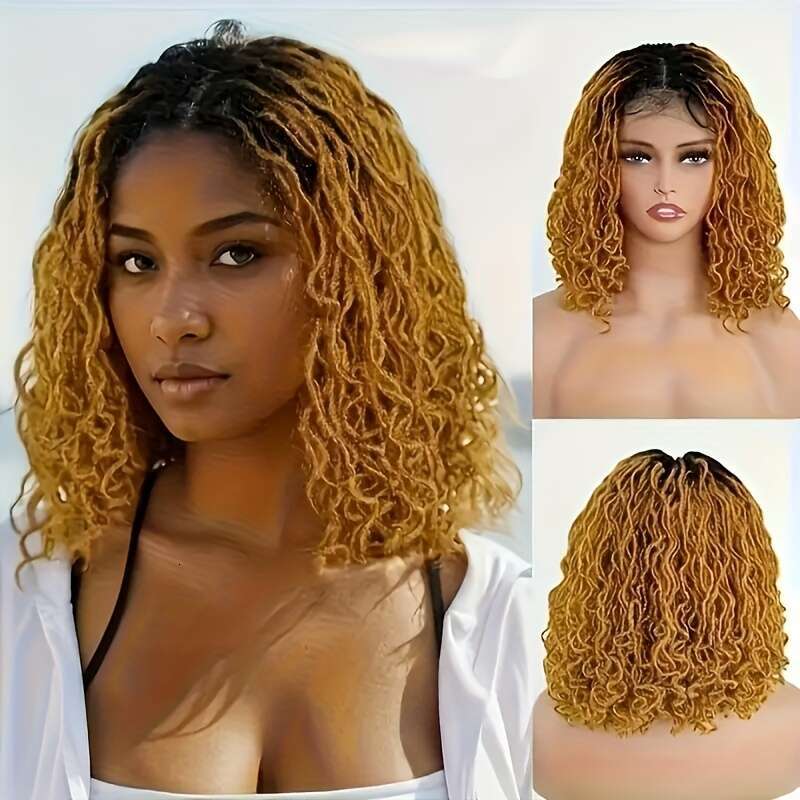 Full Lace Faux Locs Short Afro Curly Dreadlock Wig Glueless Knotless Box Braids Flame Retardant Lightweight + Pre-Plucked Hairline Natural Fluffy For 