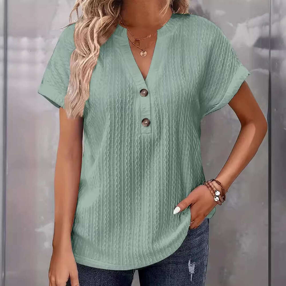 2024 Spring Summer European and American Cross-Border Amazon Independent Station New Women's Fashion Casual Solid Color Button V-Neck T-Shirt for
