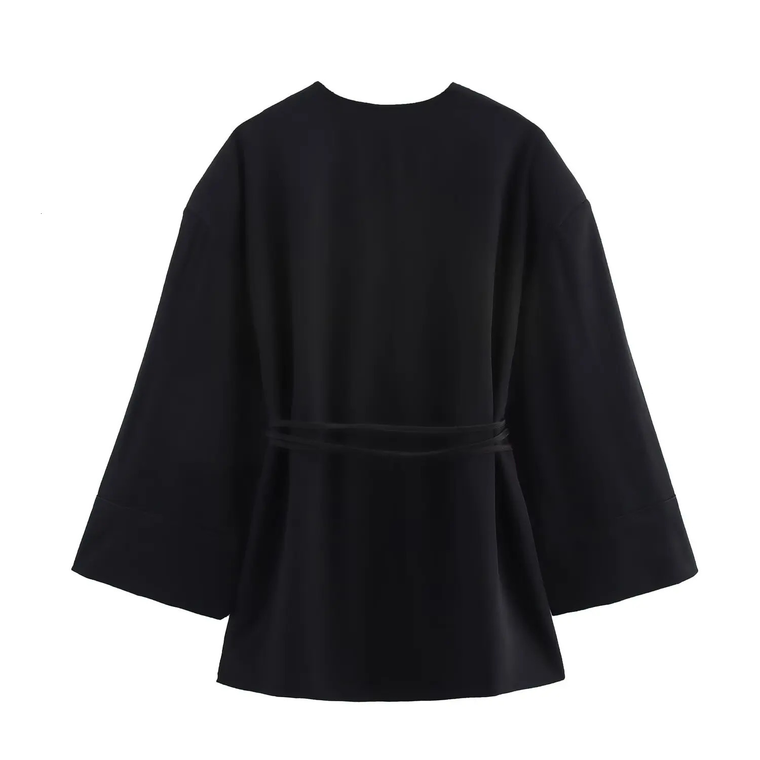 ZBZA Womens Lace Kimono Loose Vneck Long Sleeve Solid Color Splicing Jacket SpringSummer Fashion 250407