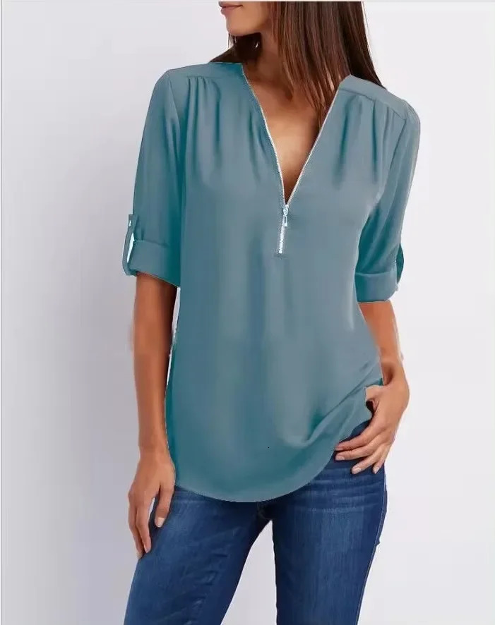 selling womens cool loose shirt deep V-neck chiffon fashionable shirt casual womens top sexy zipper plus size 250409