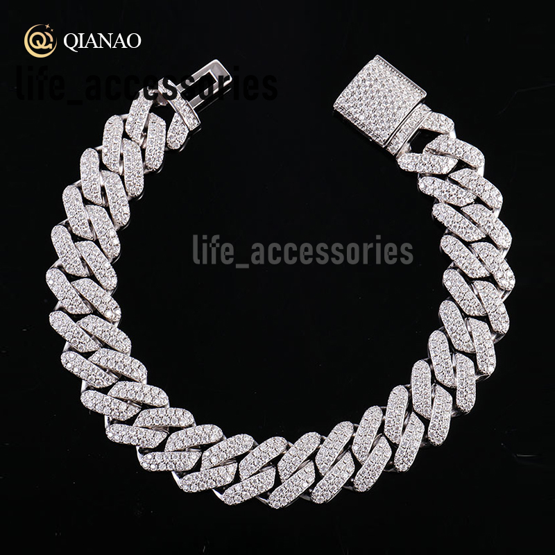 10mm Solid 925Sterling Silver Hip Hop Moissanite Cuban Link Chain Silver Plated Tennis Strand Charm Bracelets for Party or Gift