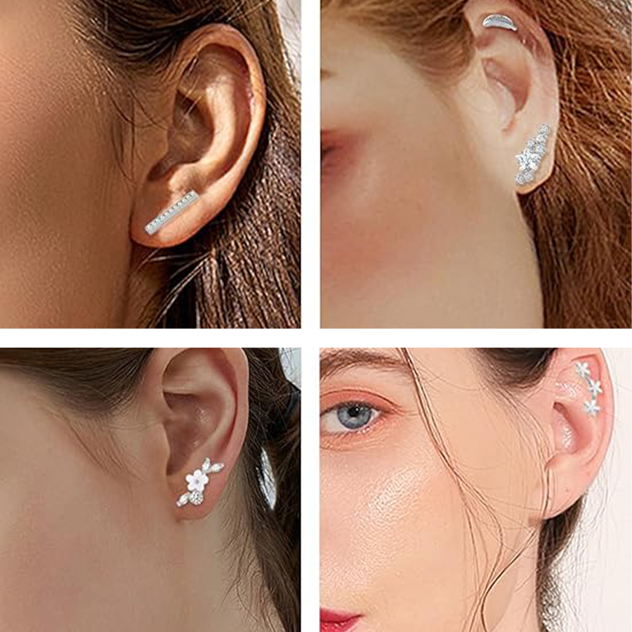 9 Pcs Cartilage CZ Stud Earrings Conch Forward Helix Tragus Daith Piercing Lip Rings Snake Heart Butterfly Jewelry for Women Men 16G Silver Tone