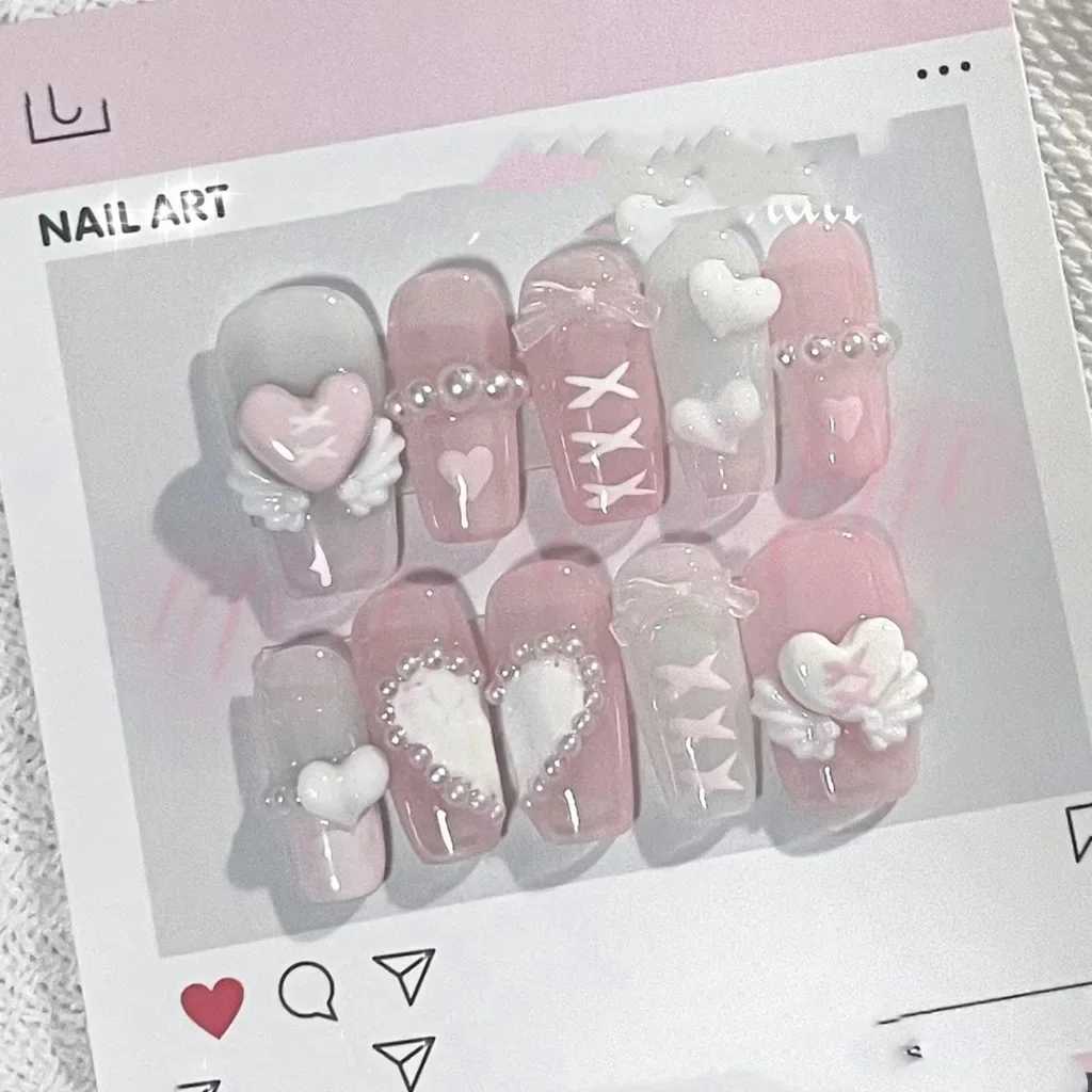 Pink Cute Angel Wings Love Bow Handmade Wearing Nails Starburst Handmade Versatile Sweetheart Fairy Wearing Fake Nails W250410