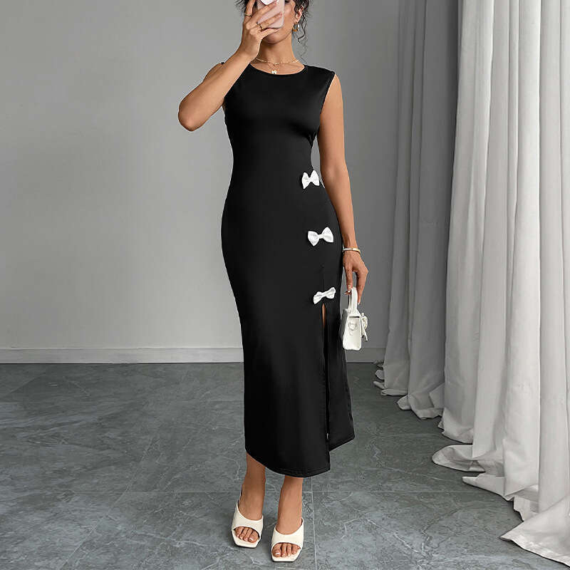 Rui Chuo Cross-Border Foreign Trade Independent Station European and American 2025 Autumn Slim Fit Bow Sleeveless Slit One-Step Dress