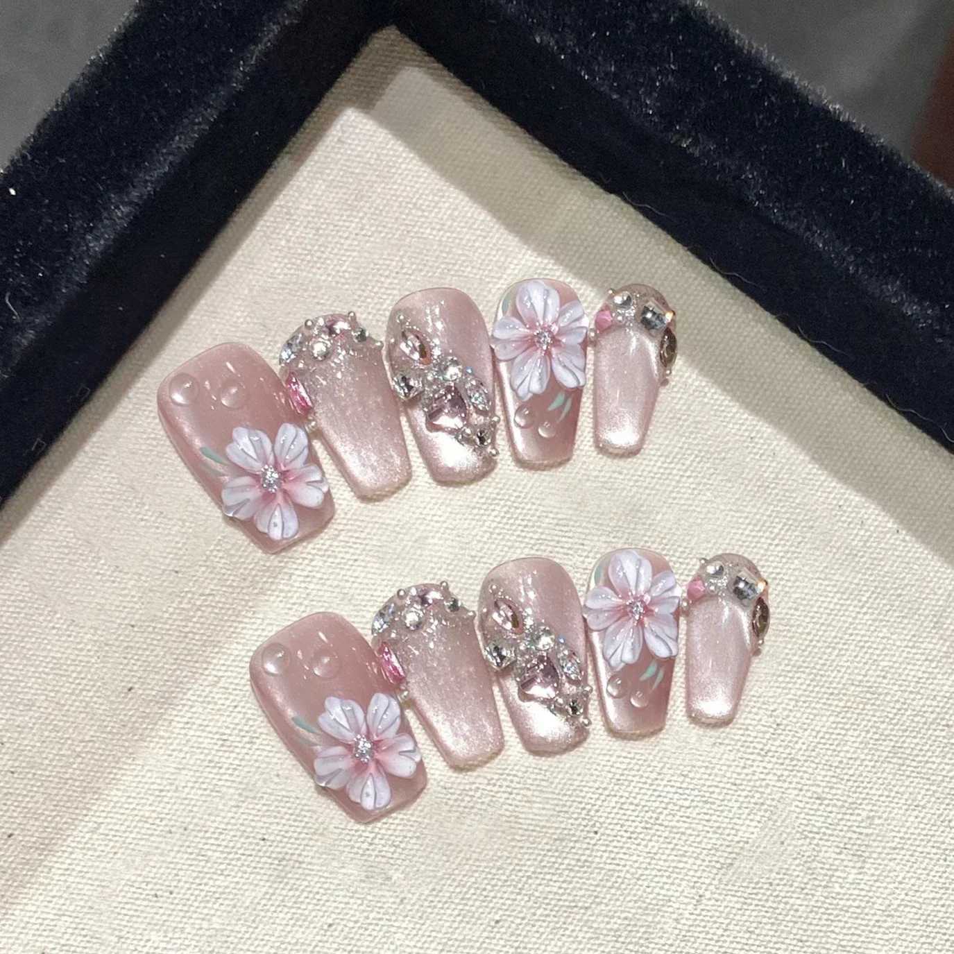 0Pcs Blue Handmade Acrylic Nail Set Pressure Machine Professional Full Set Nail Tip Manual Operation Angel Rose Design Wearable Fake Nails W250410