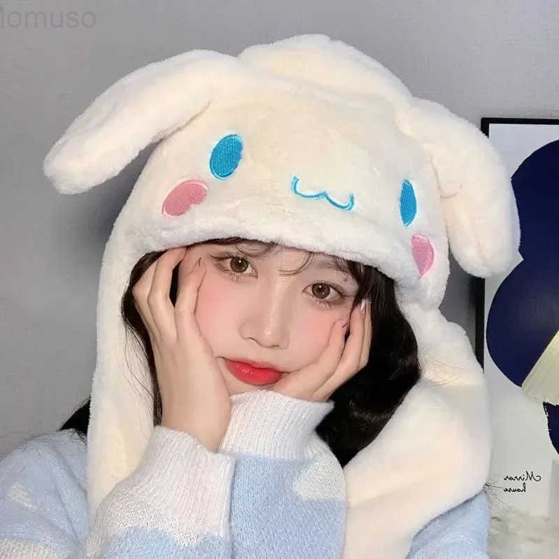 Sanrio Cute Winter Warm Soft Plush Hat Anime Hello Kitty Melody Cinnamoroll Kuromi Kawaii Ear Moving Hat Winter Trendy Toys Girl Gifts H251110