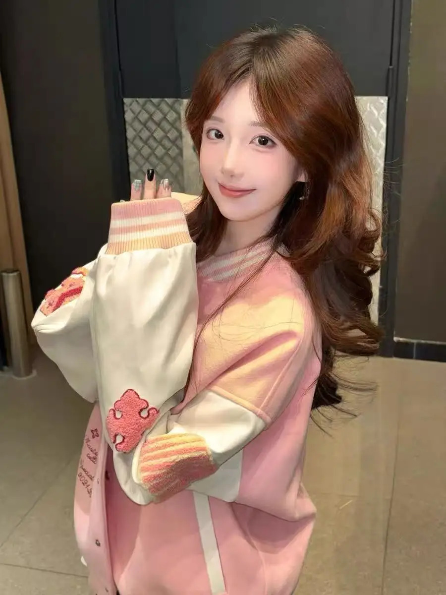 Harajuku Trendy American Y2K Pink Splicing Plush ed Pattern Bomber Jacket Womens Spring 90s Style 250410
