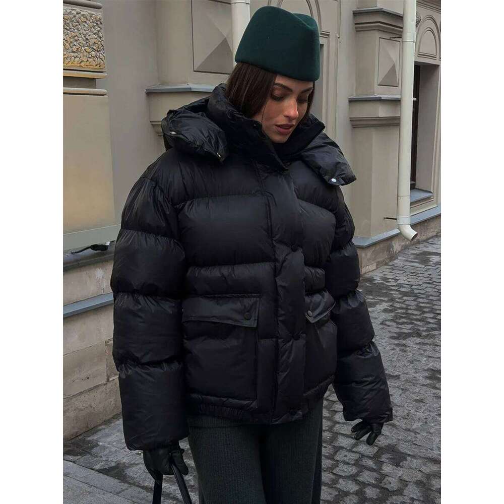 Blubelle Women's New Winter Black Parkas Fashionably Simple Cotton Padded Jacket Square Pocket Warm Hooded Outerwear